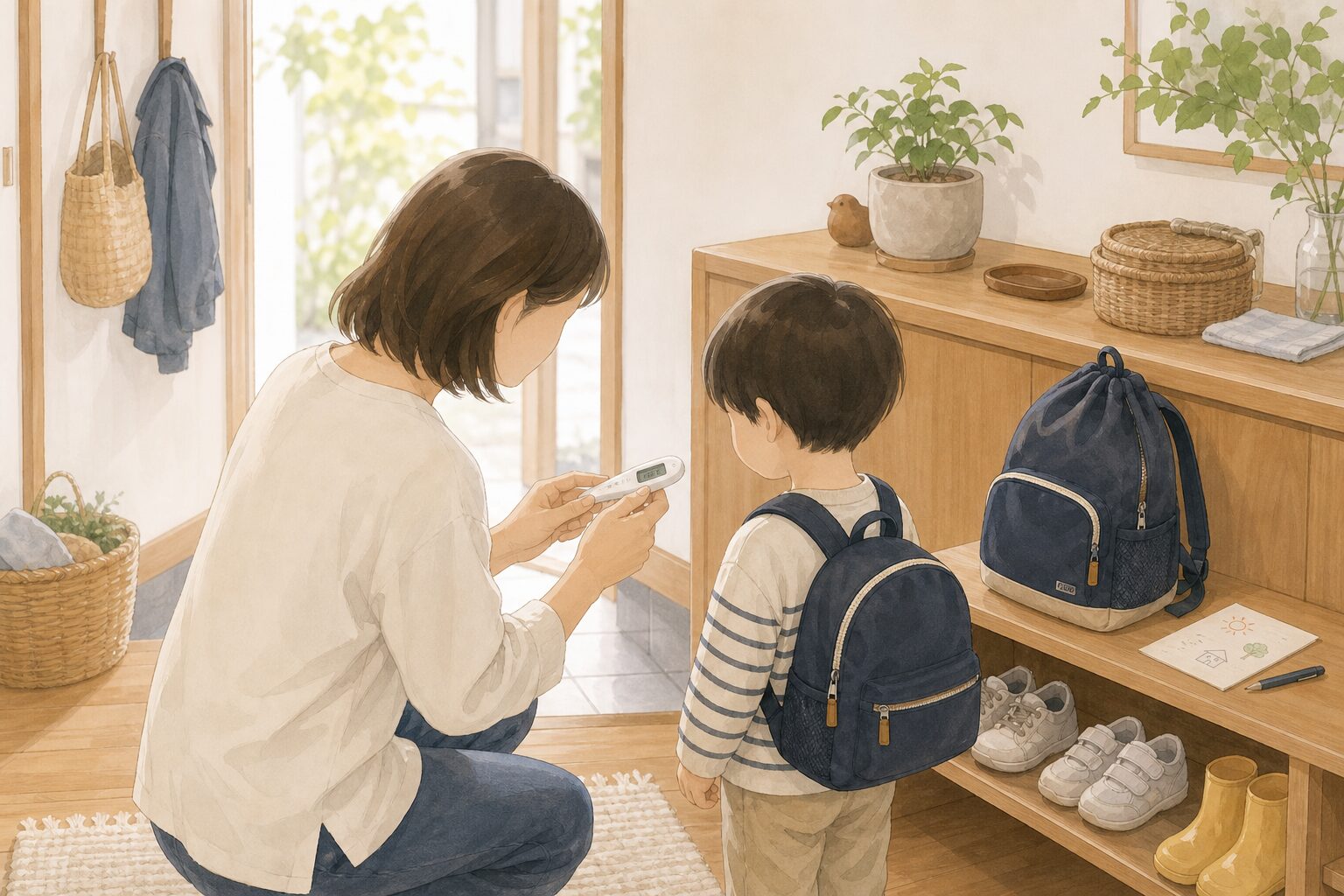 登園前に体温とメモを確認する家庭のイメージ
