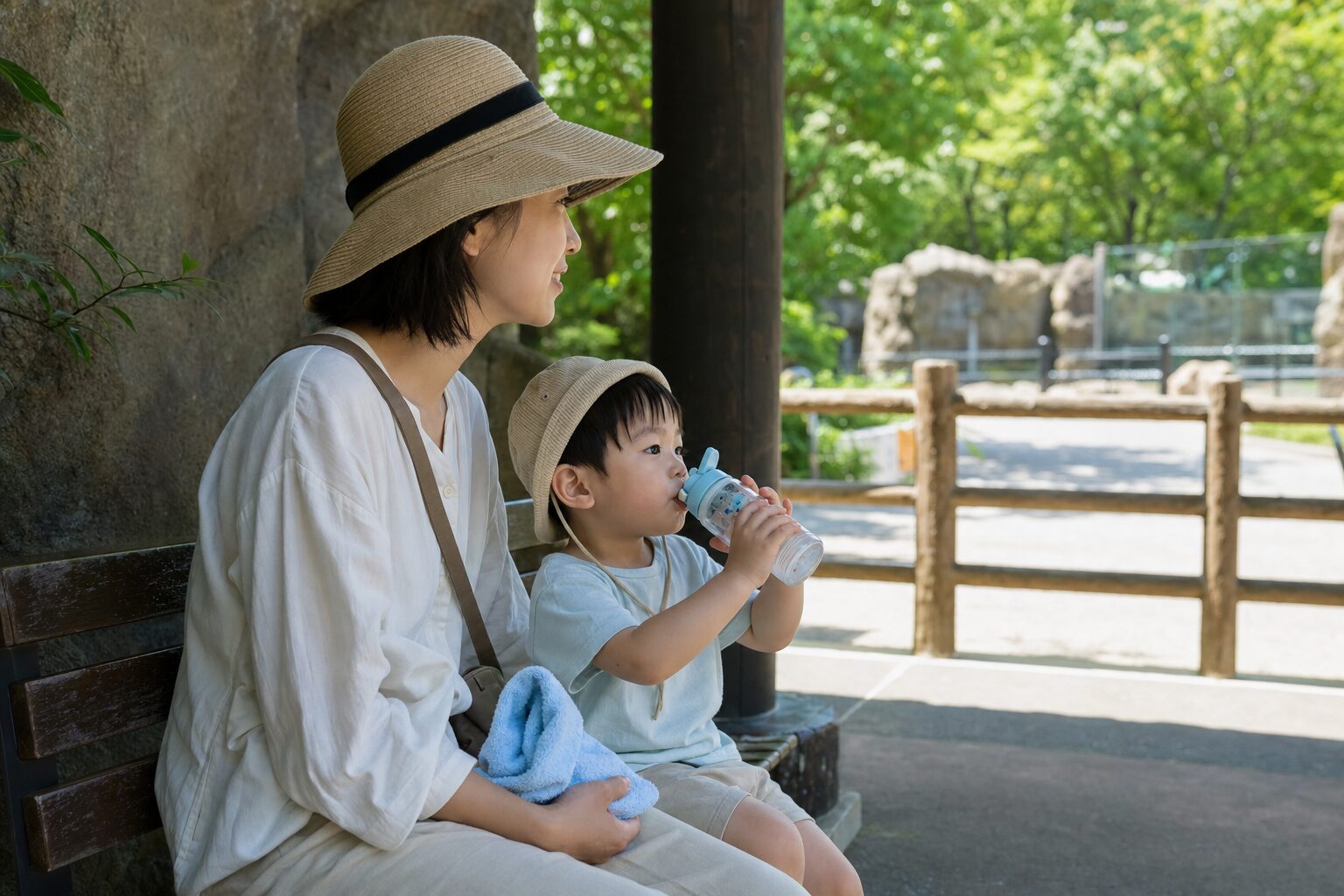 夏の屋外レジャーで親子が日陰ベンチで短い休憩を取るイメージ