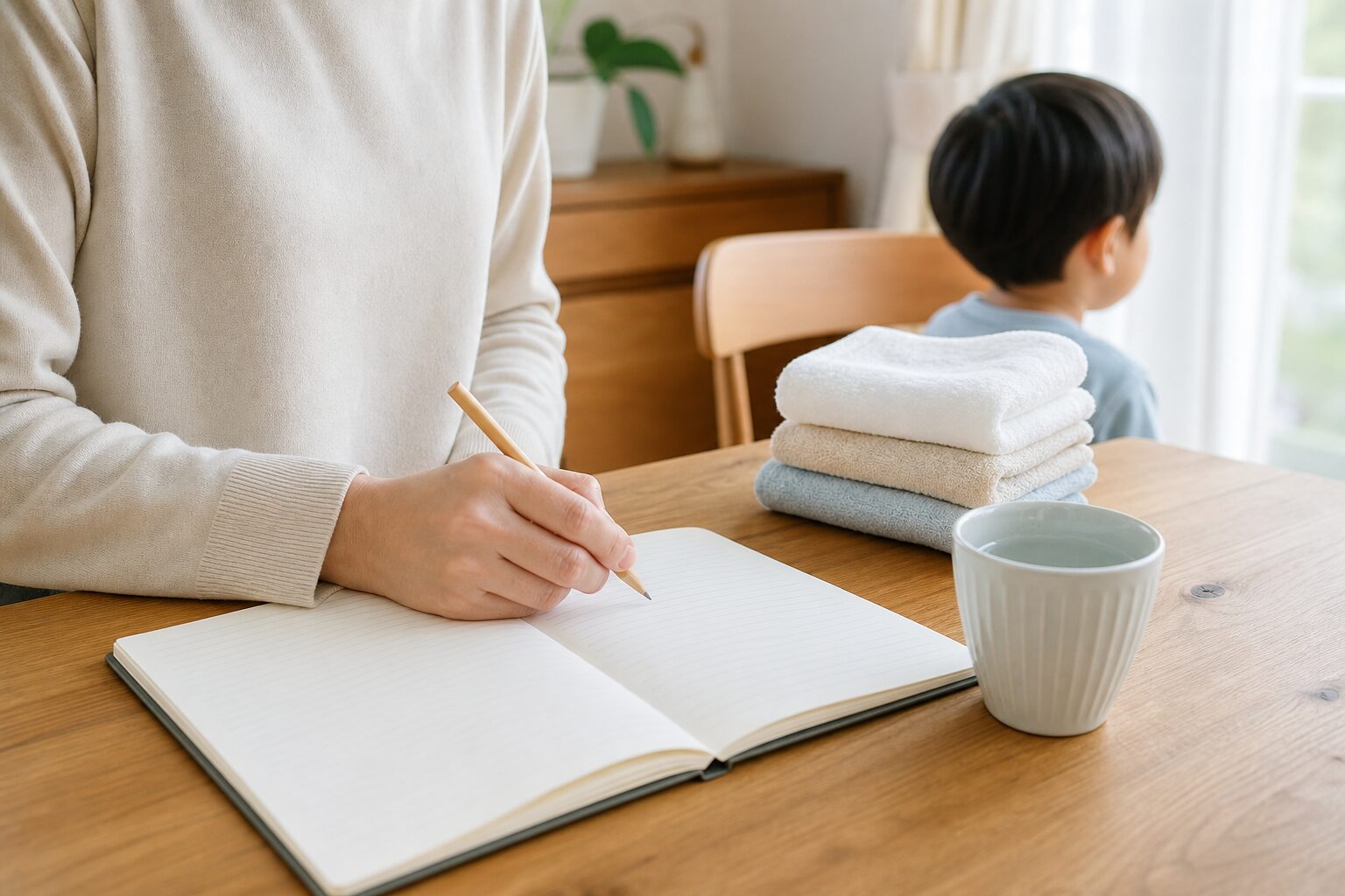 親が体温や症状をノートに記録しながら保育園連絡の準備をするイメージ