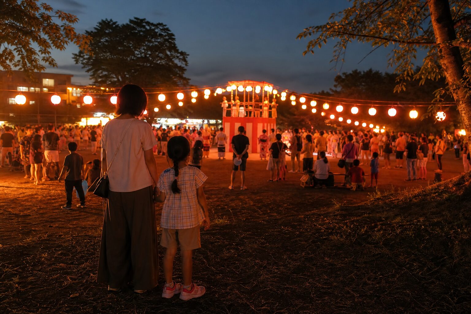 普段着で盆踊り会場を見ている参加者のイメージ