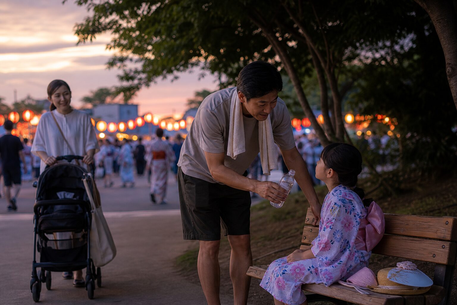 夕方の夏祭り会場で日陰へ移動しながら子どもに飲み物を渡す家族のイメージ