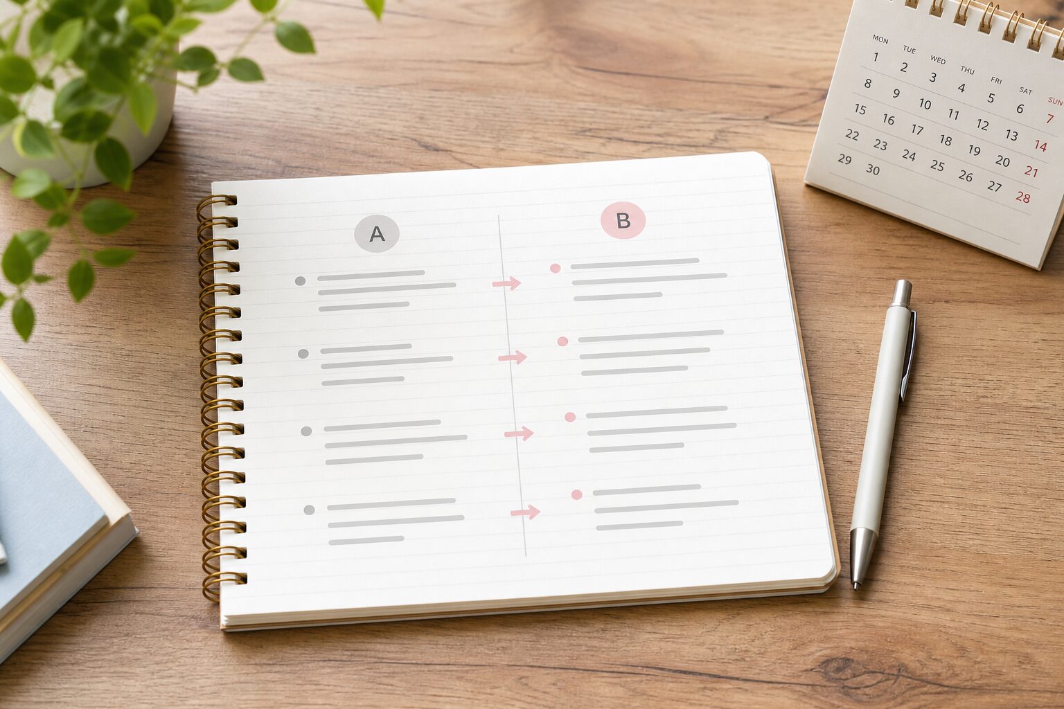 言い換え例をノートに書き比べている手元のイメージ