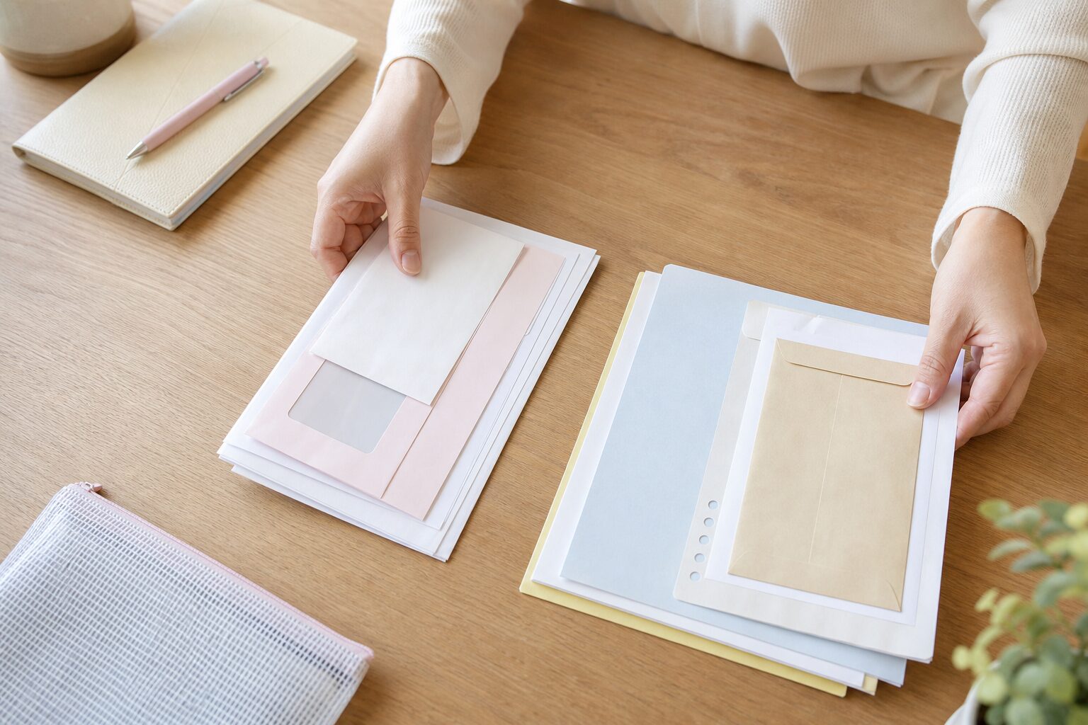 病院明細や自治体案内を二つの束に分けて整理するダイニングテーブルのイメージ