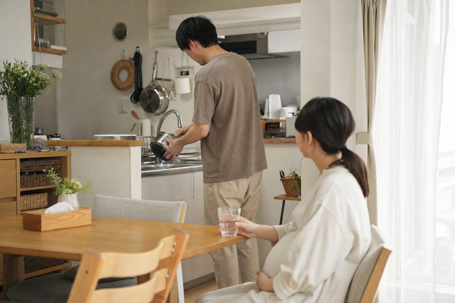 家族が洗い物を引き受け妊婦が水分を取りながら休むイメージ
