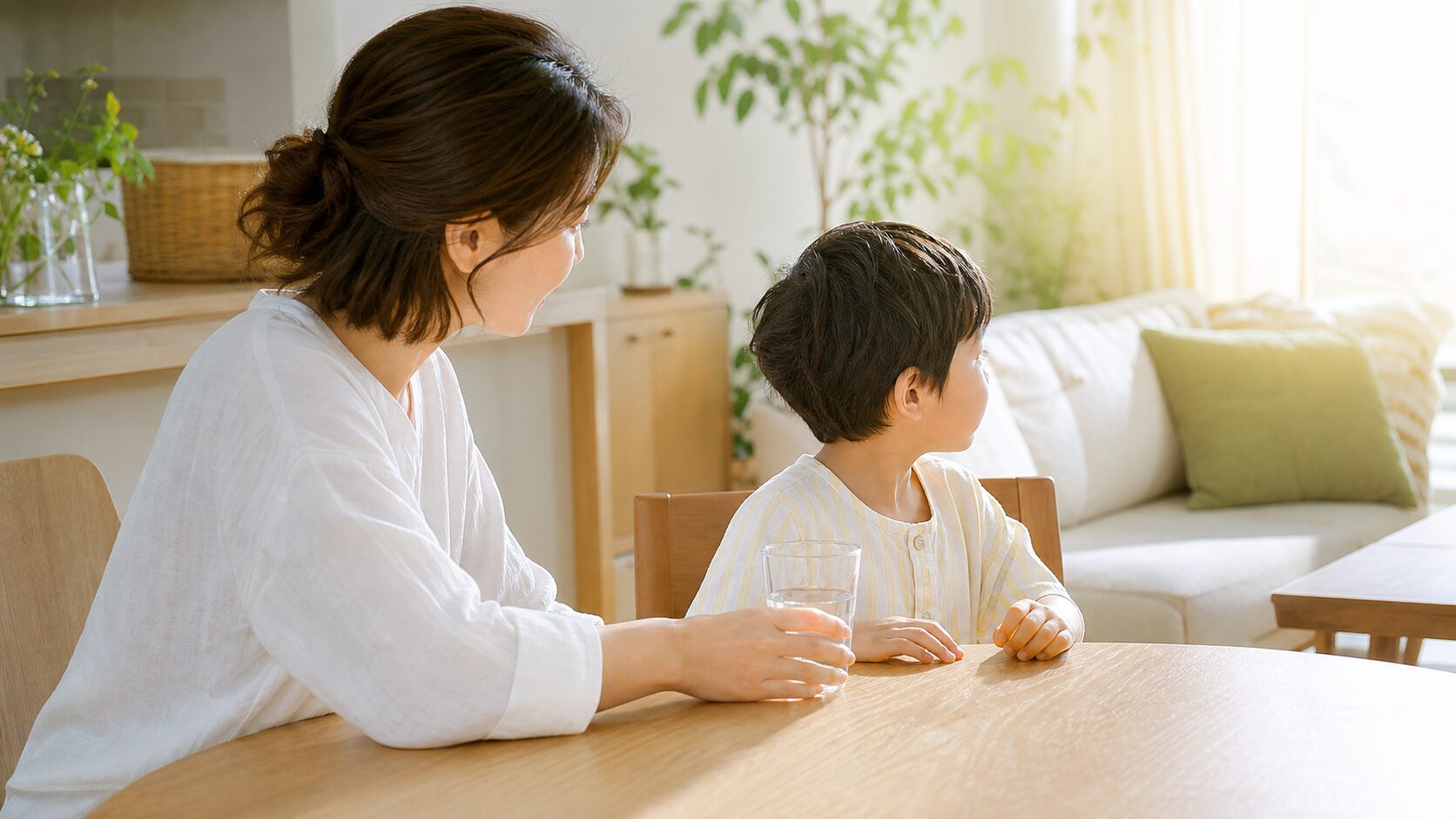夏の朝に子どもの顔色と元気を確認する親のイメージ
