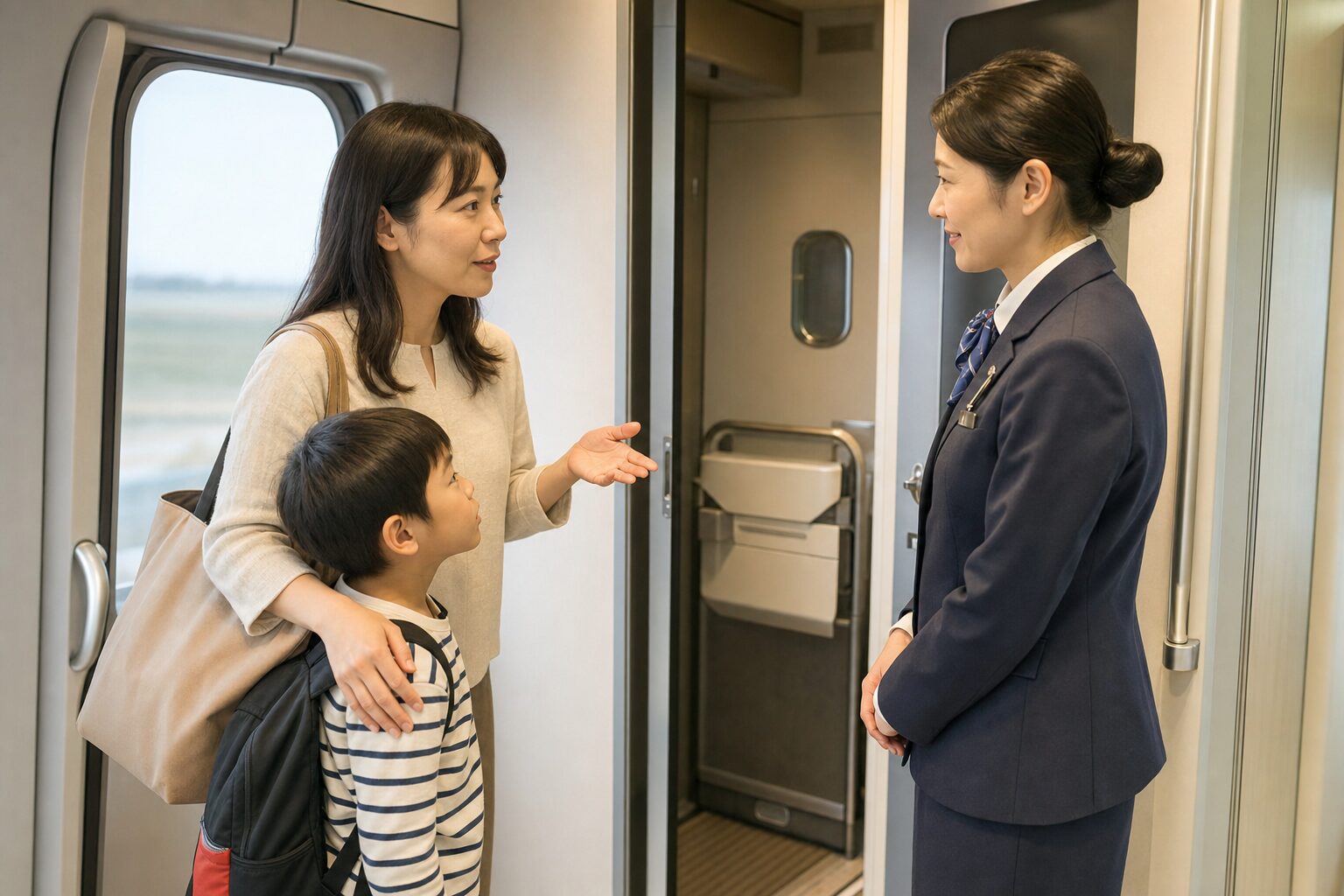 子連れ新幹線で授乳やおむつ替え前に乗務員へ相談するイメージ