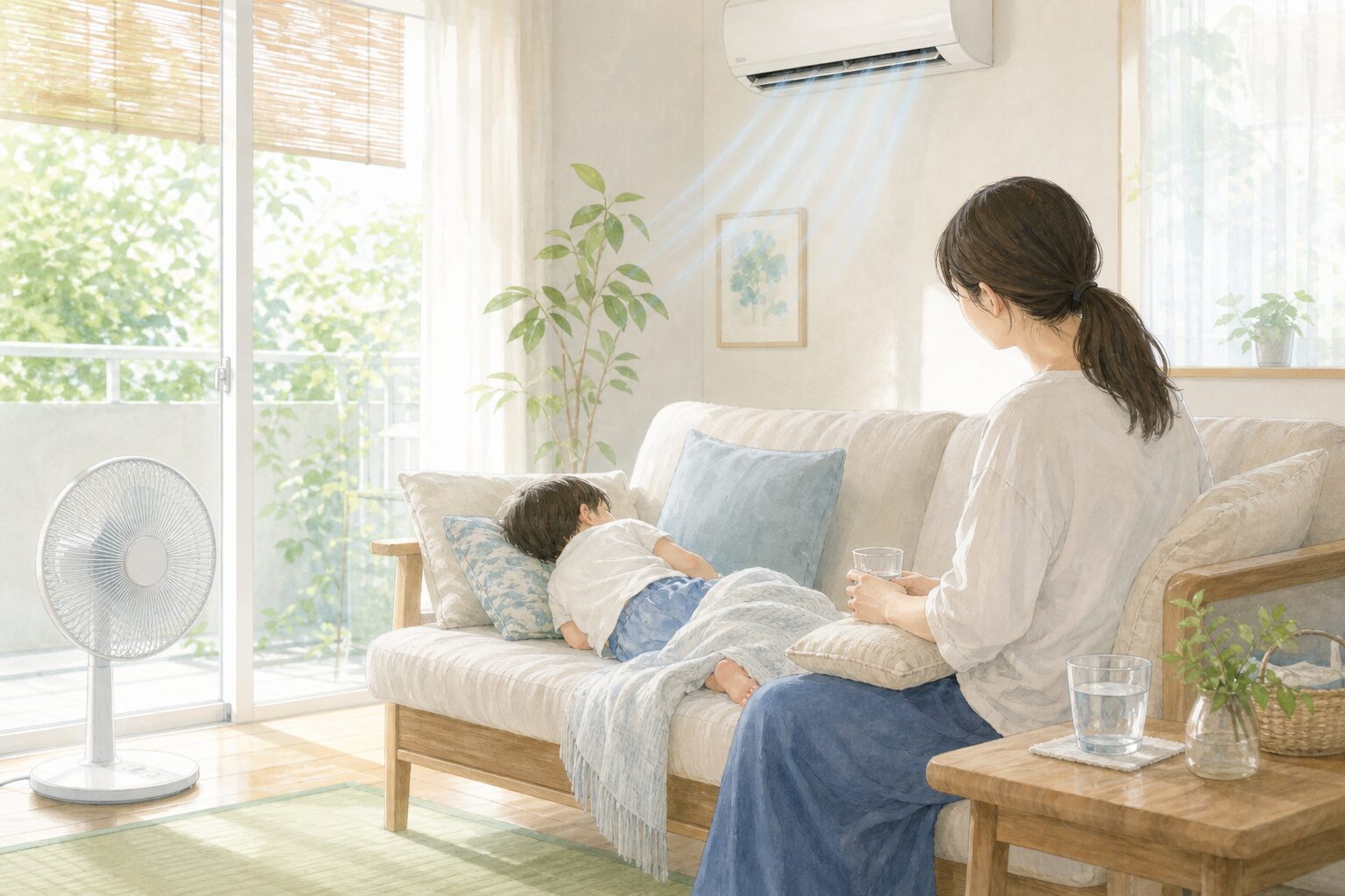 涼しい室内で子どもの様子を見守る親のイメージ