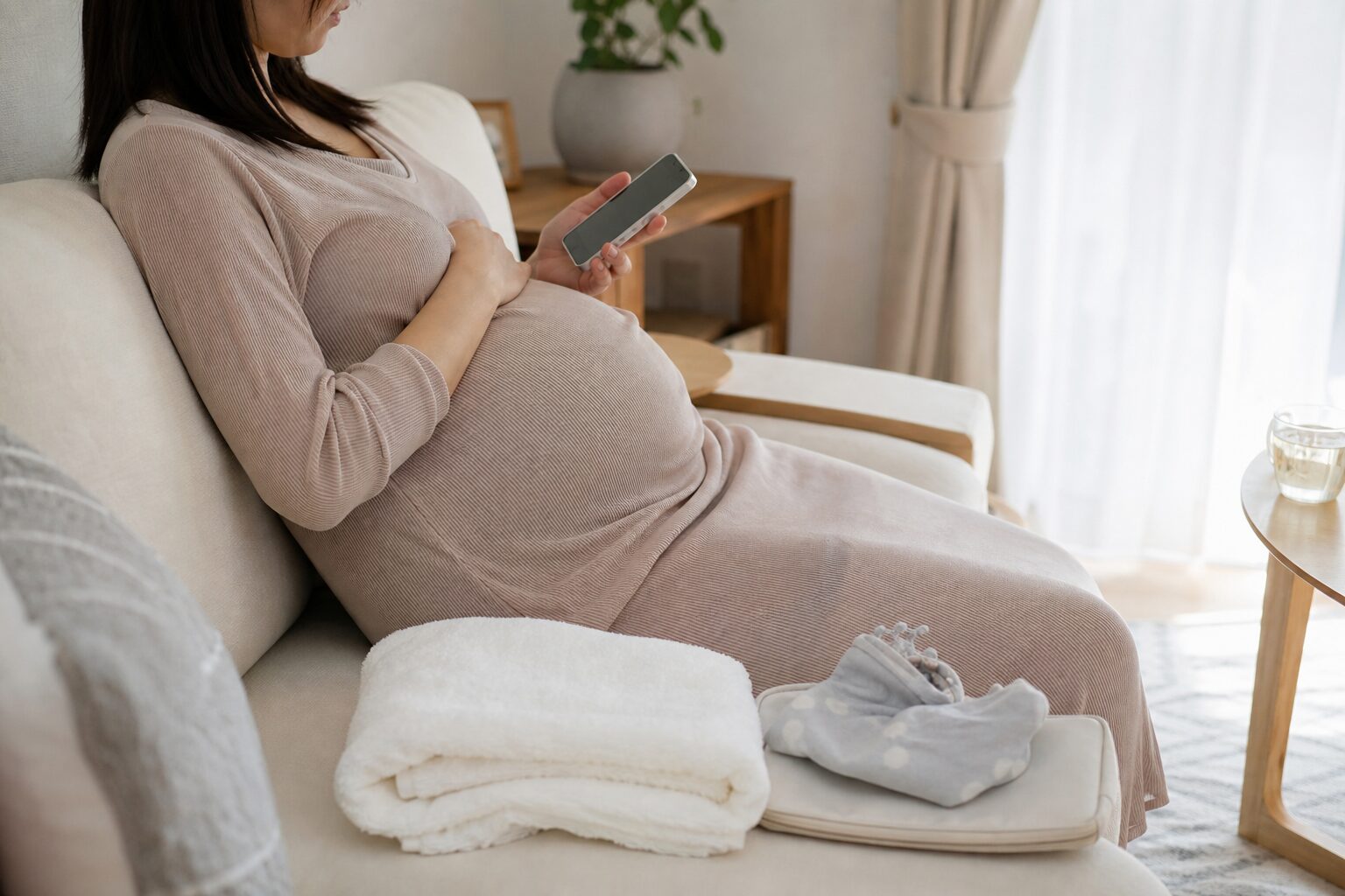 妊娠後期に破水や陣痛時の連絡を確認する落ち着いた準備のイメージ
