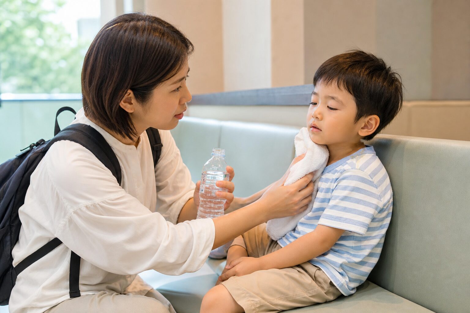 親が子どもの顔色や様子を見ながら冷房のある場所で休ませるイメージ