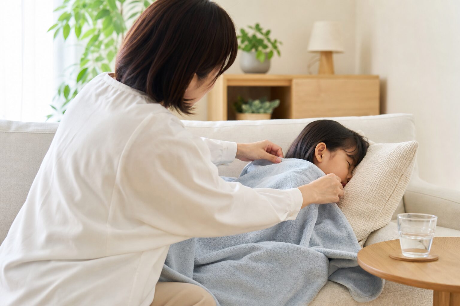 子どもが家で静かに休みながら親が水分と様子を見守るイメージ