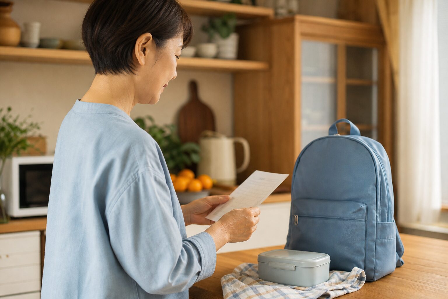 家族が上の子の引き継ぎメモを読みながらバッグを確認するイメージ