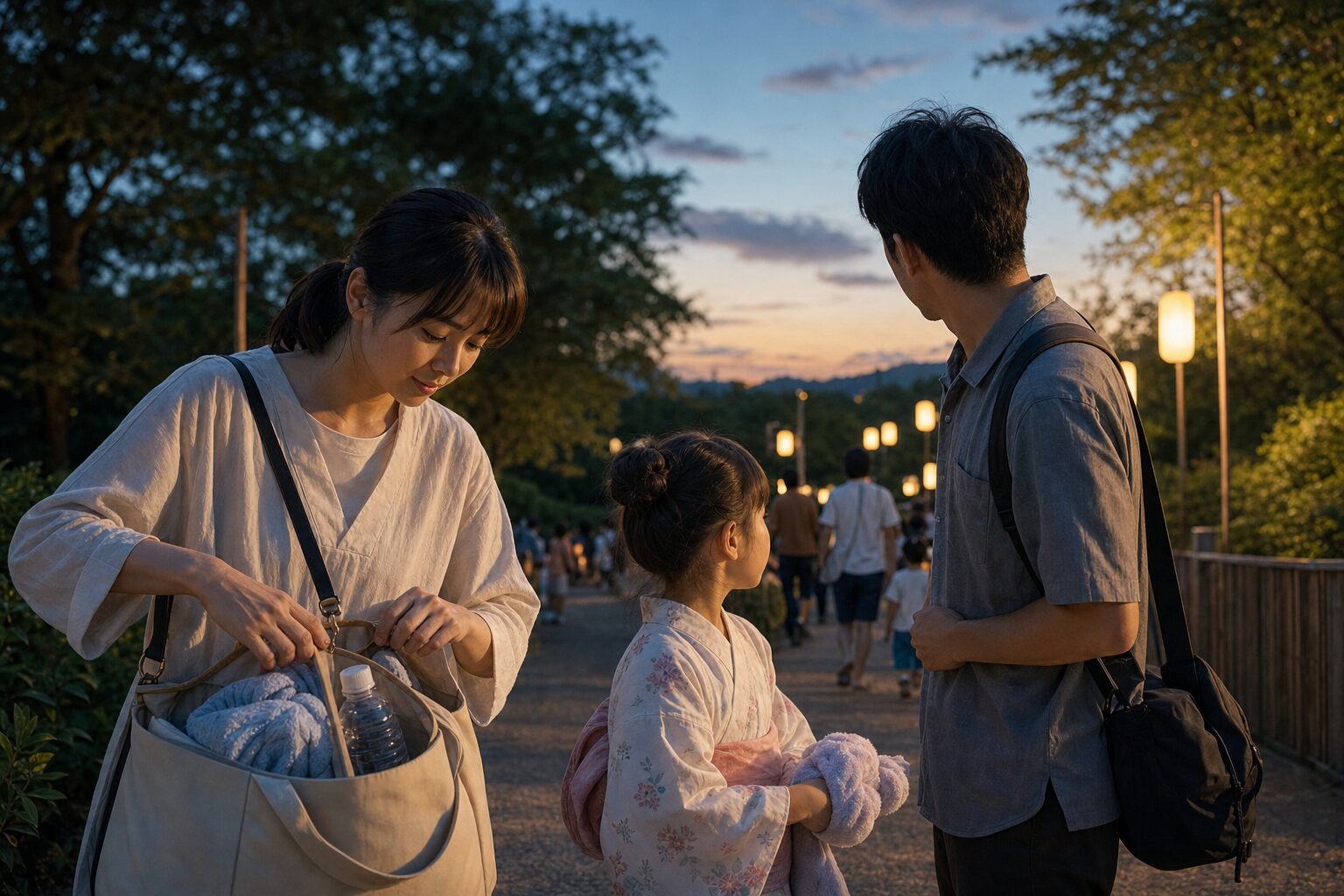 花火大会の帰り道を見越して親が荷物と子どもの様子を整えるイメージ