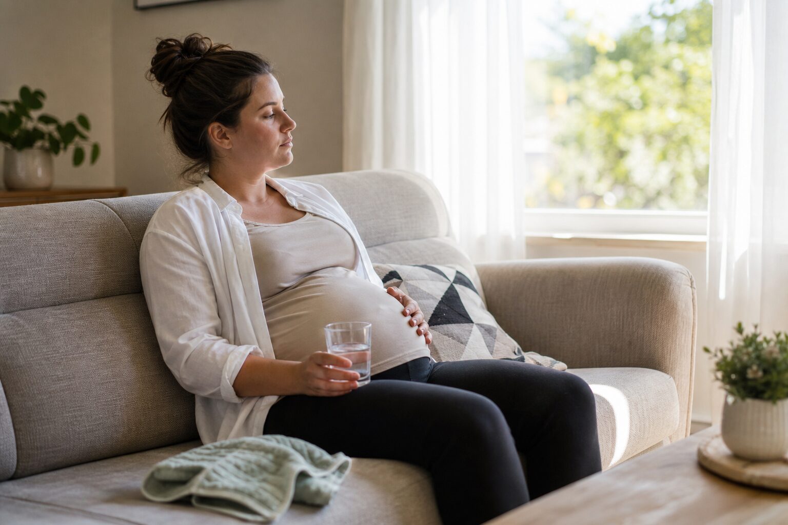 送迎後にソファで休みながらその後の予定を減らす妊婦のイメージ
