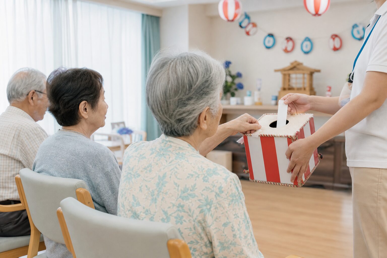 室内で高齢者向け夏祭りレクを短時間で進める落ち着いたイメージ