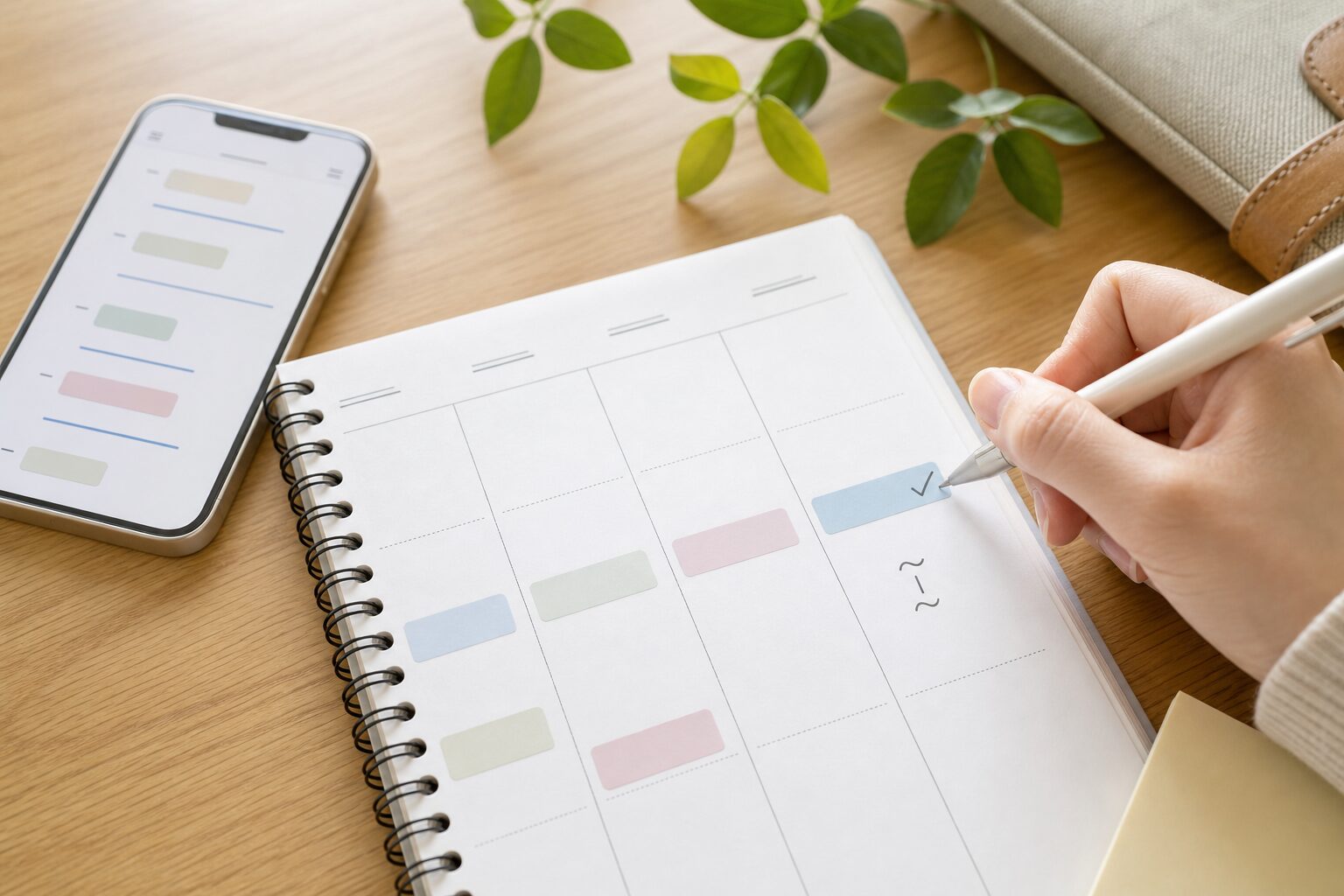 締切を書き込みながらスマートフォンを確認する実用的なイメージ