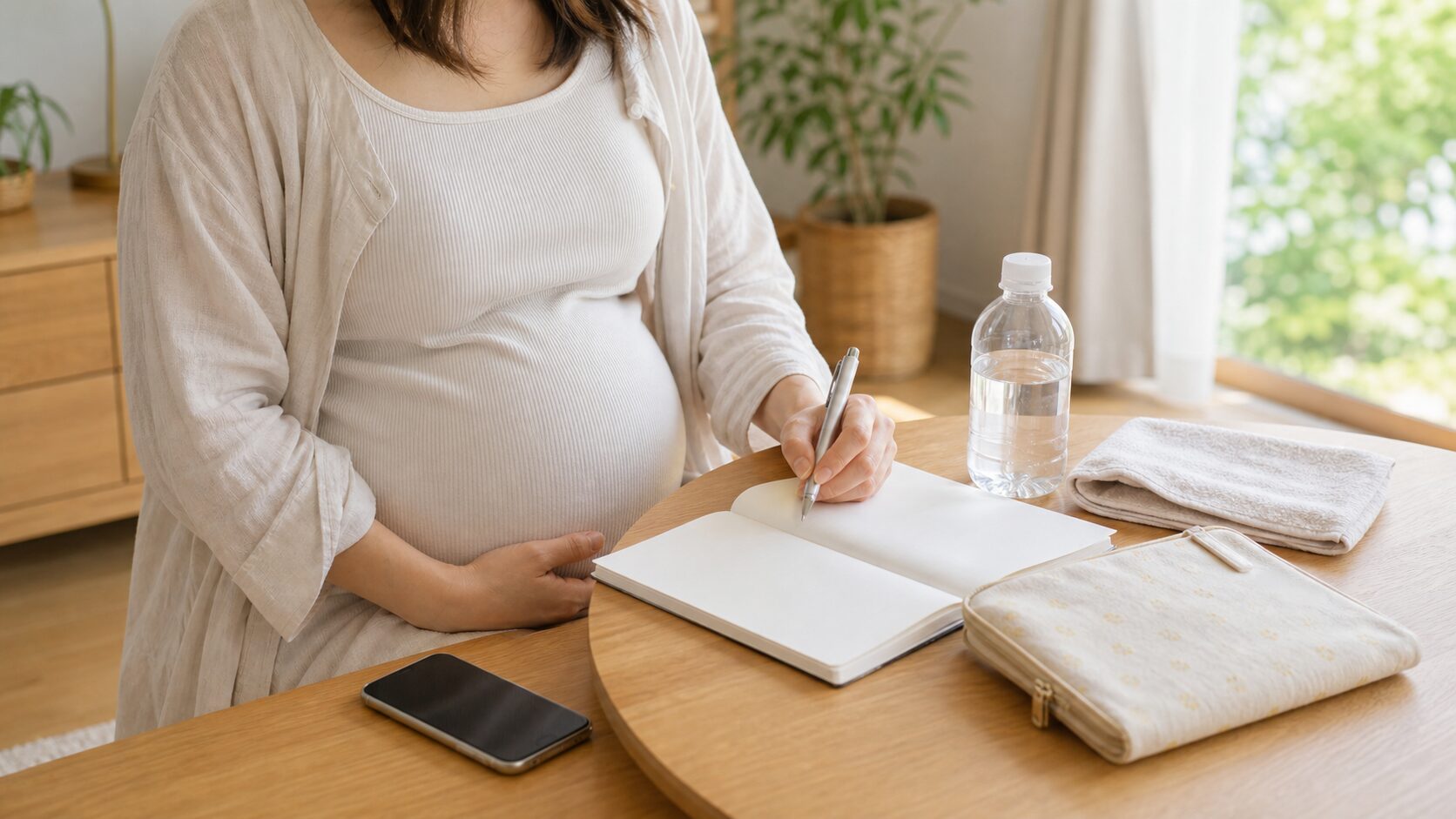妊娠後期の外出計画を家でメモして確認するイメージ