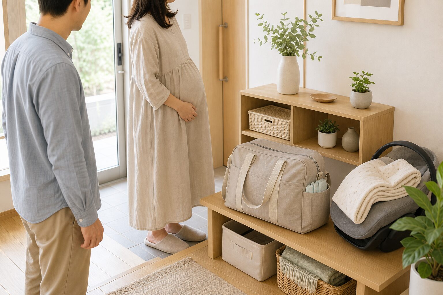 家族が分かる玄関近くに入院バッグを置いて共有するイメージ