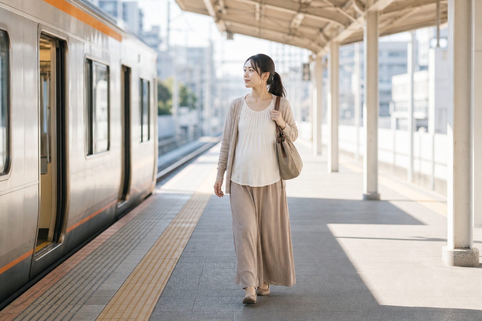 混雑の少ない時間帯の駅ホームで落ち着いて移動する妊娠初期の親のイメージ