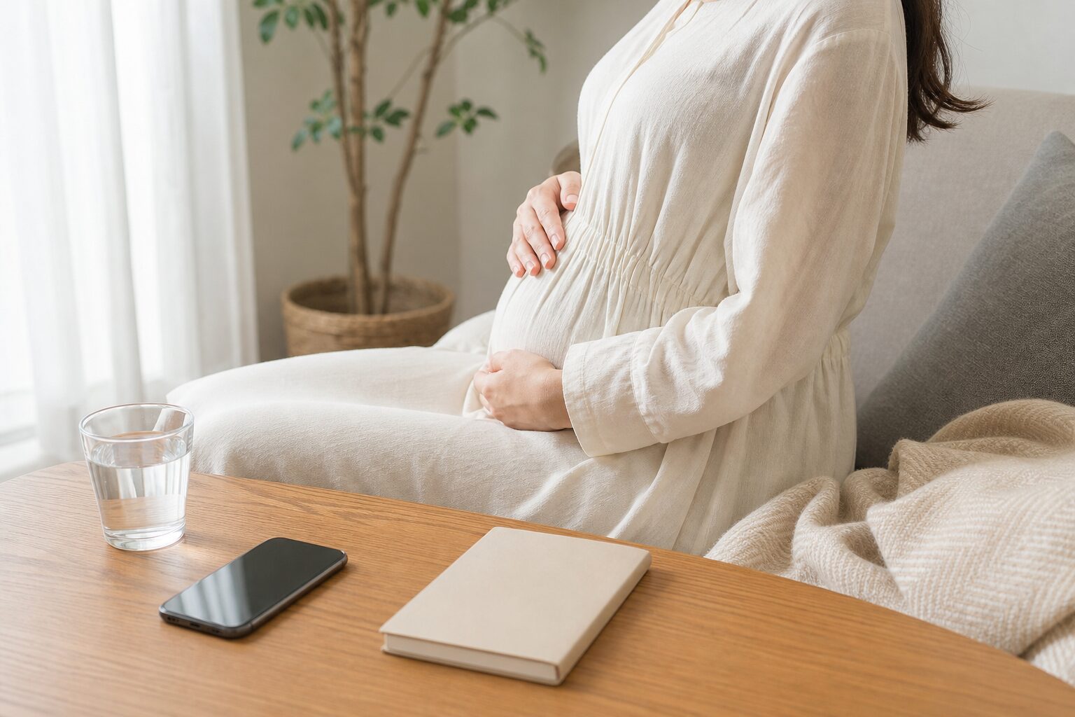 妊娠中に水分とスマートフォンをそばに置いて体調を確認するイメージ