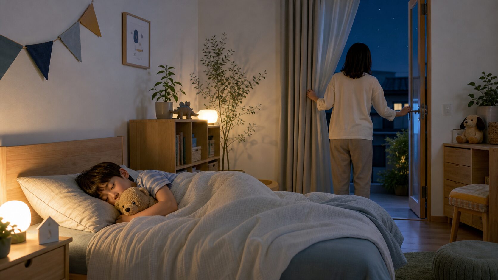 夏の夜の寝室で家族が無理なく涼しく眠る準備をしたイメージ