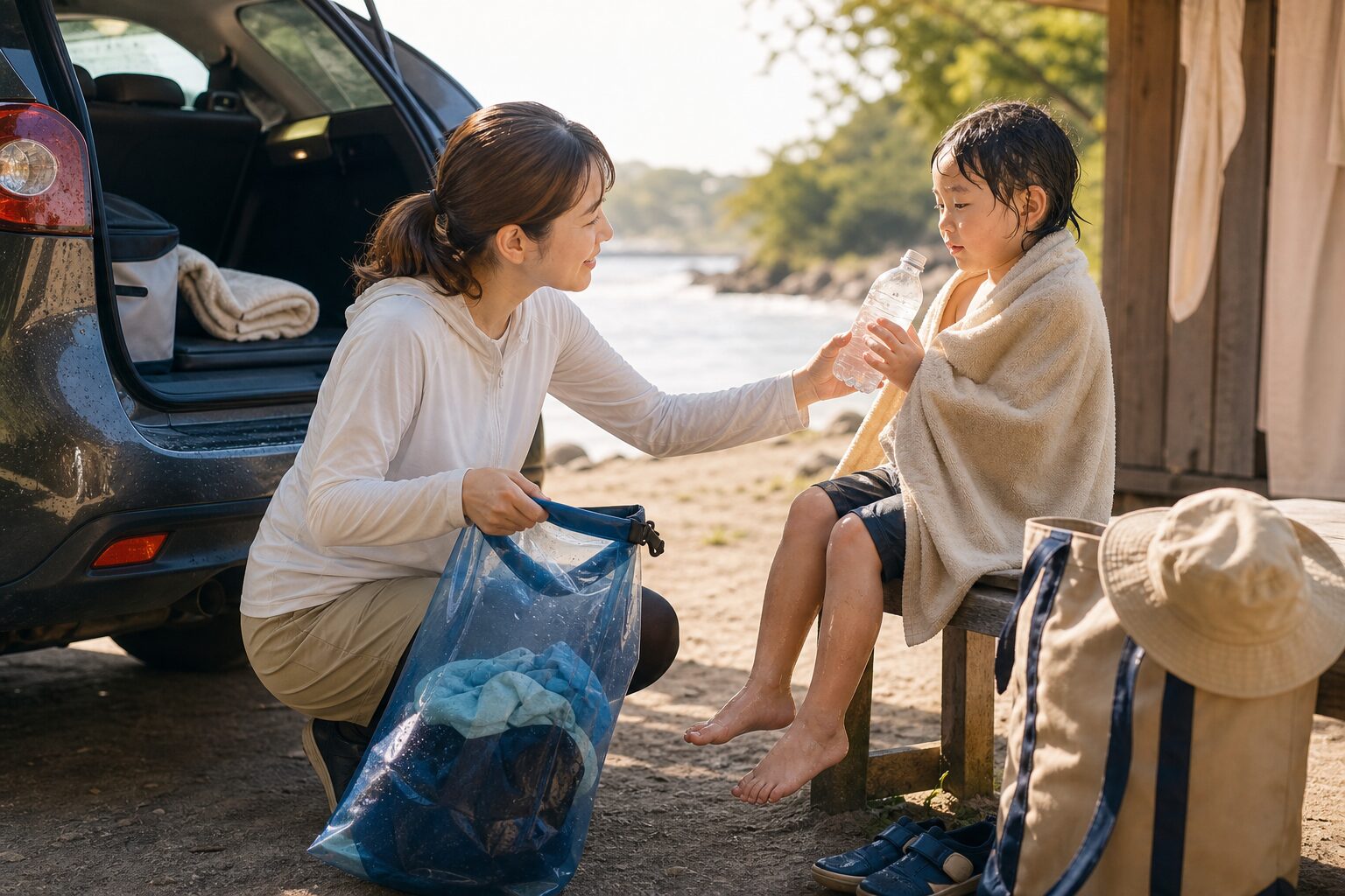 濡れた服を防水バッグへ入れて帰る準備をする親子のイメージ