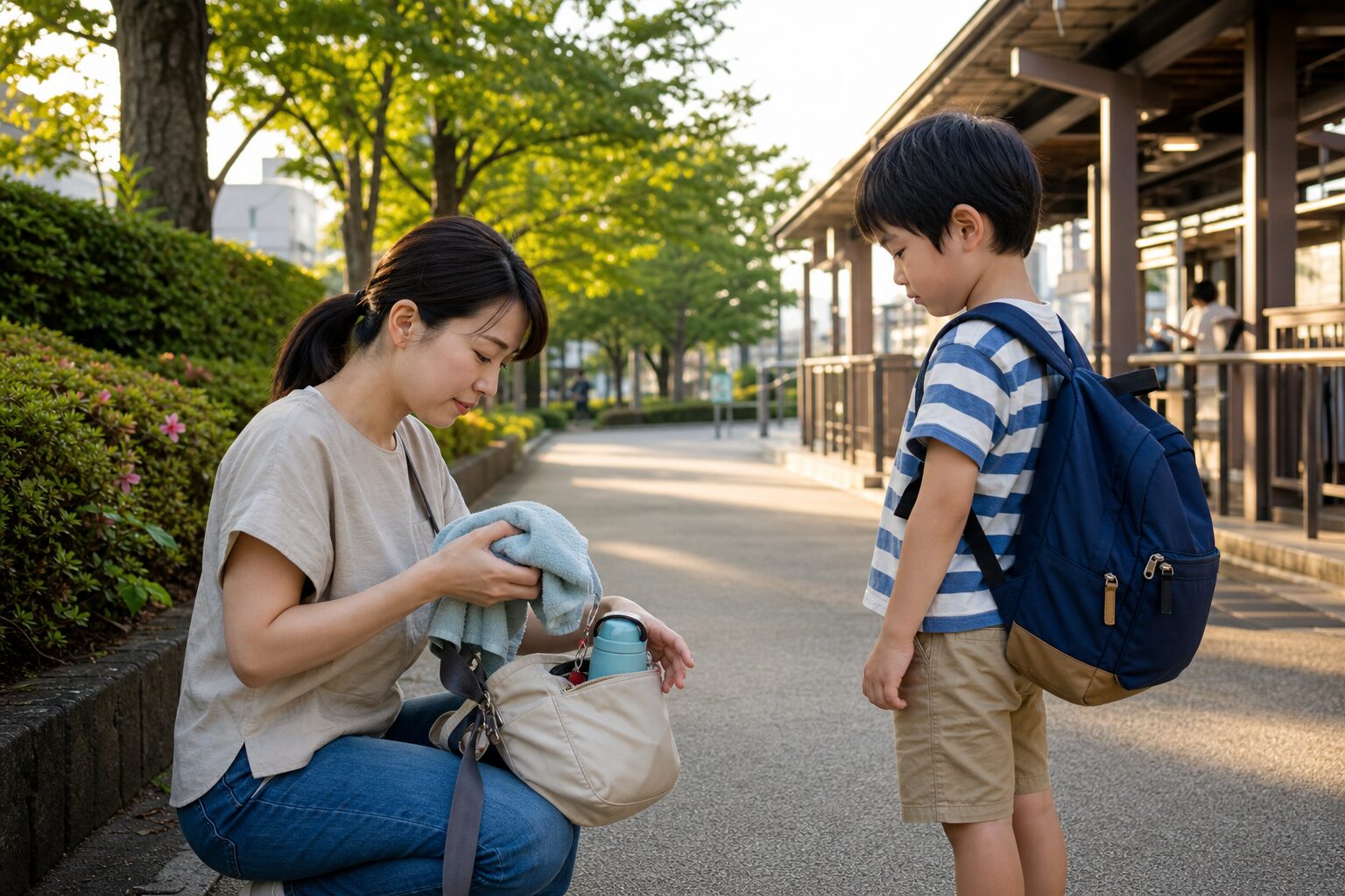 帰り道に備えてタオルと飲み物を整えながら子連れで移動準備をするイメージ