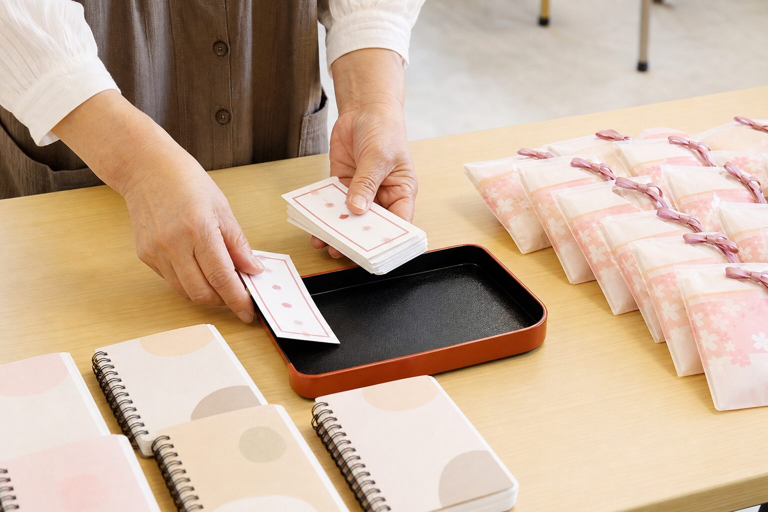 くじ札と参加賞を敬老会用に整えるテーブルのイメージ