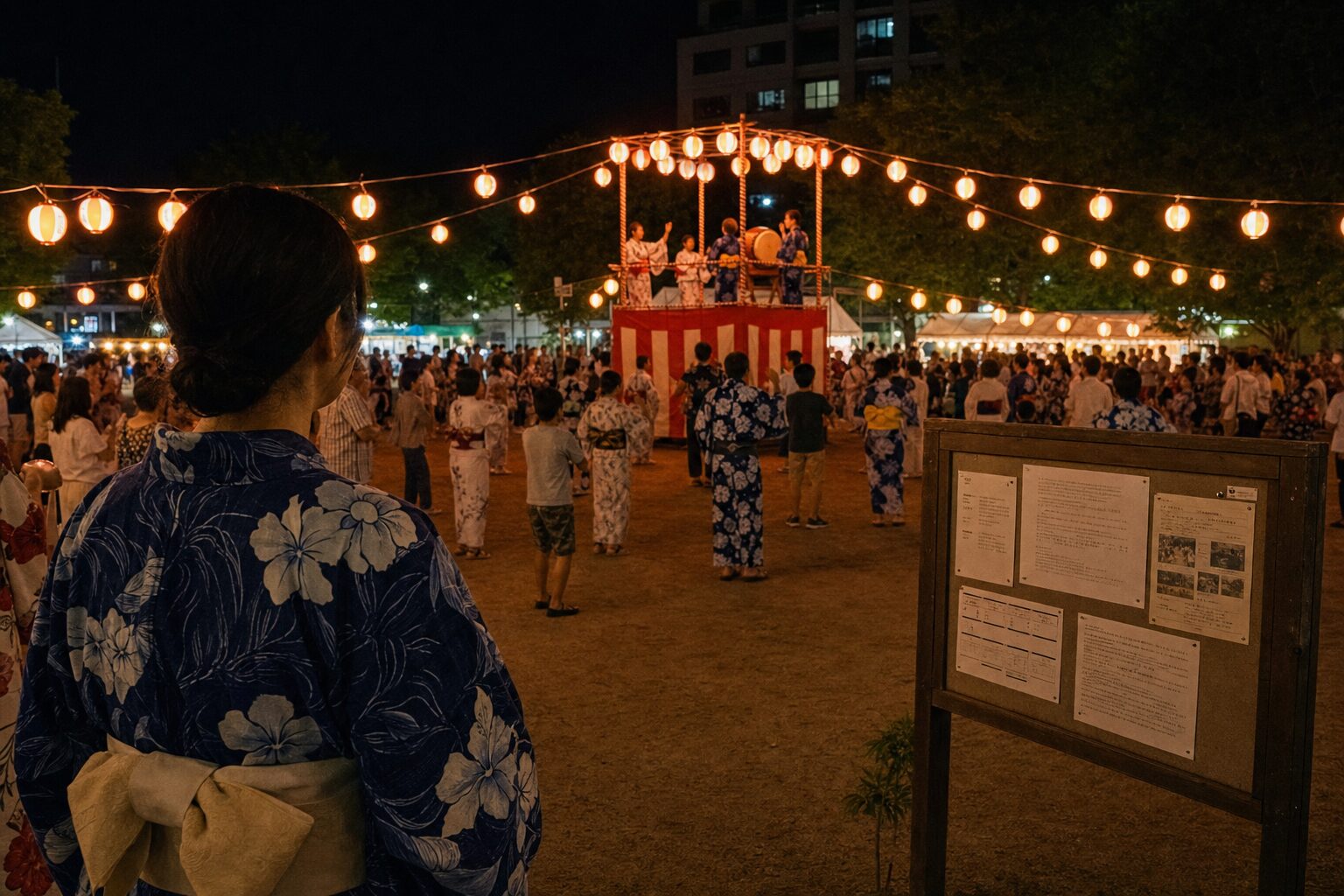 会場案内を見ながら盆踊りの地域差を確認する参加者のイメージ