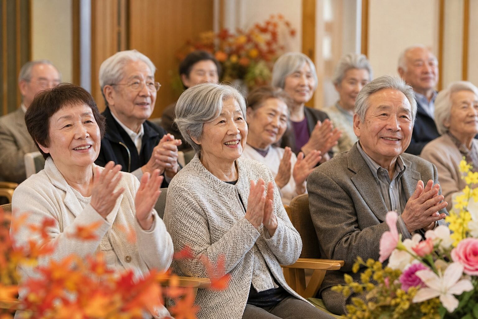 敬老会の締めに拍手が起こるあたたかな会場のイメージ