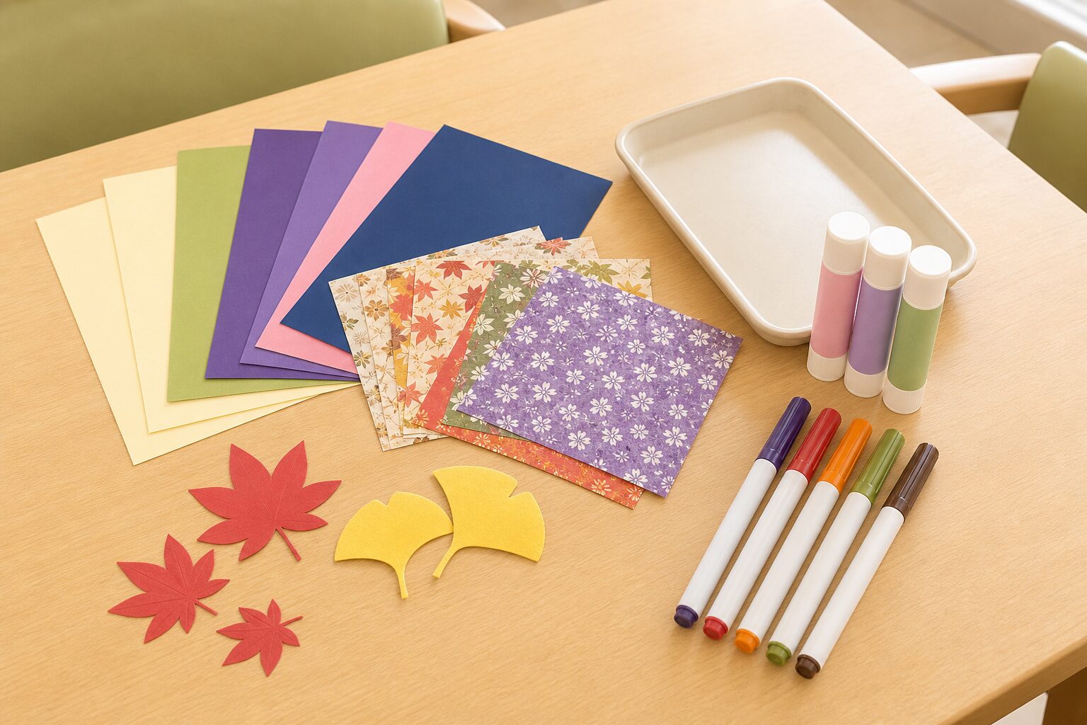 色画用紙と折り紙とのりとペンをきれいに並べた9月壁面飾りの準備イメージ