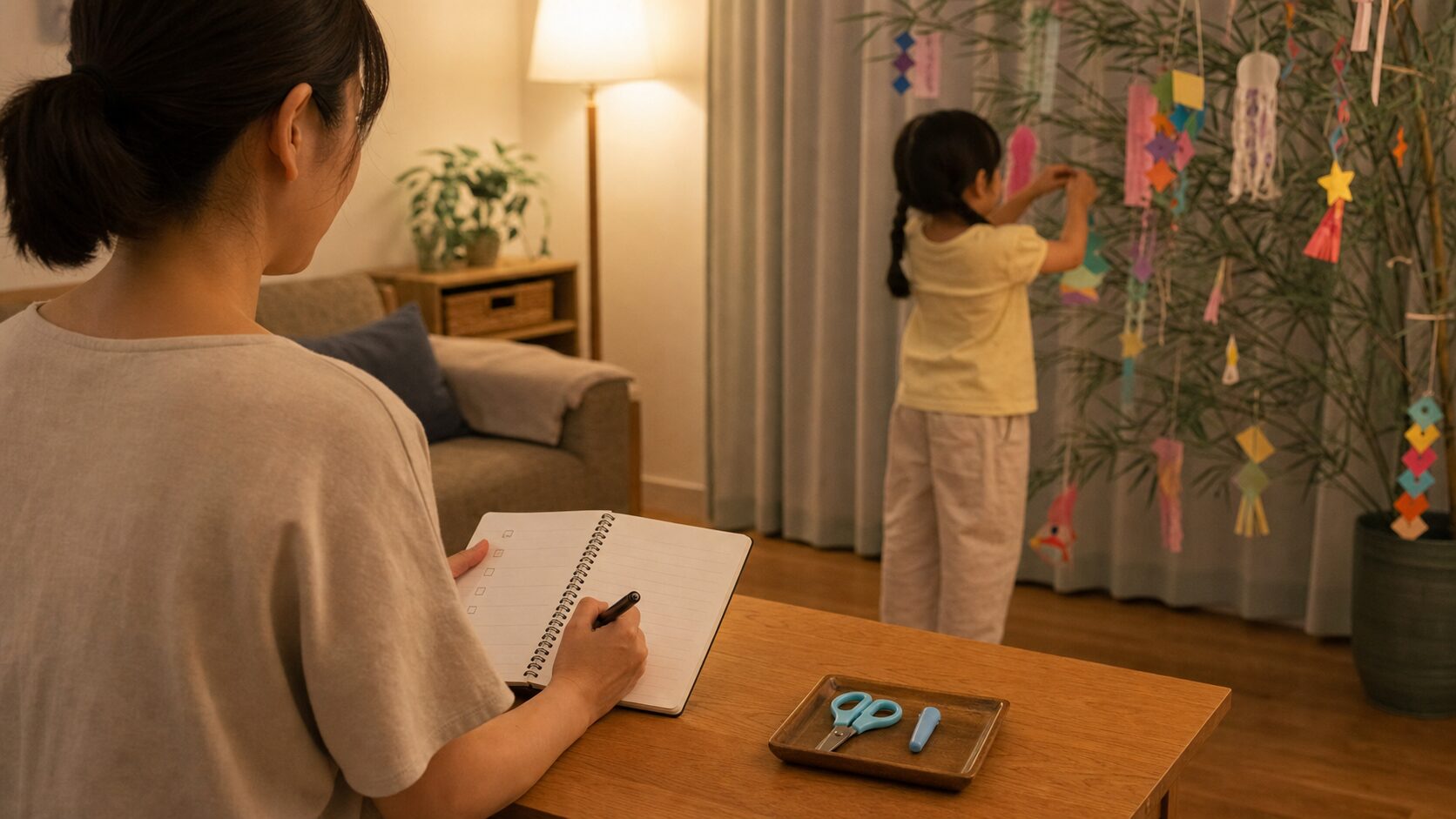 七夕工作のあとに親が片付けと次回準備を見直すイメージ
