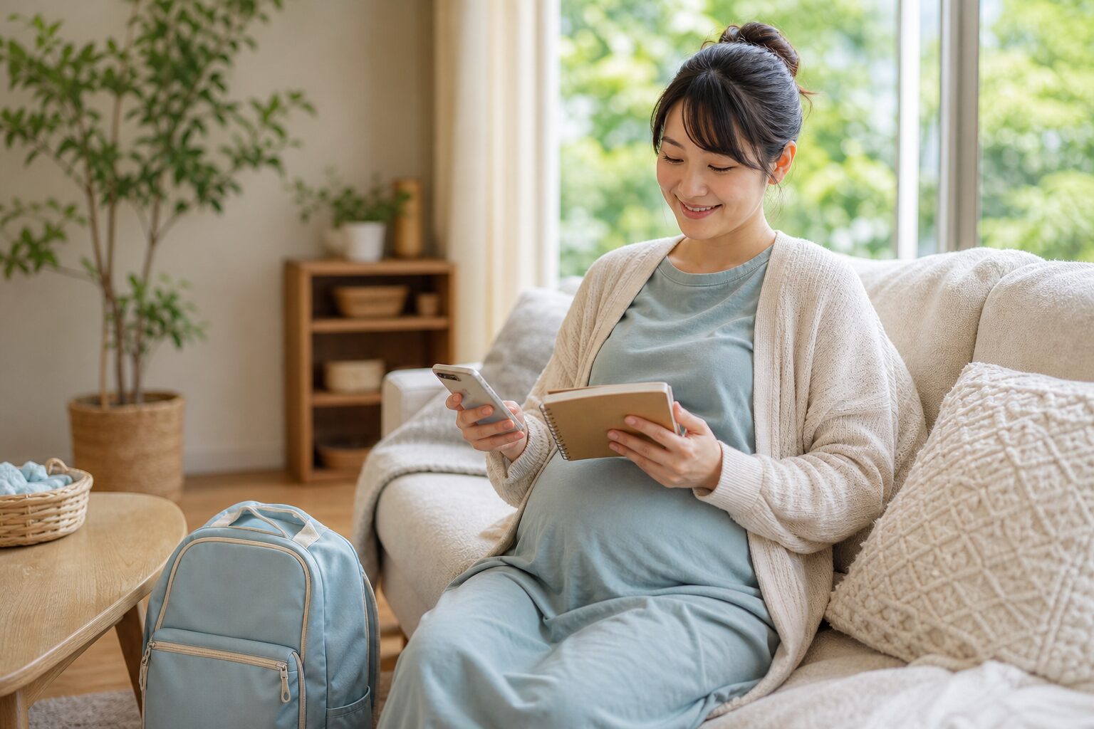 出産前の準備を終えて妊婦さんがノートとスマホを見ながら落ち着く家庭のイメージ