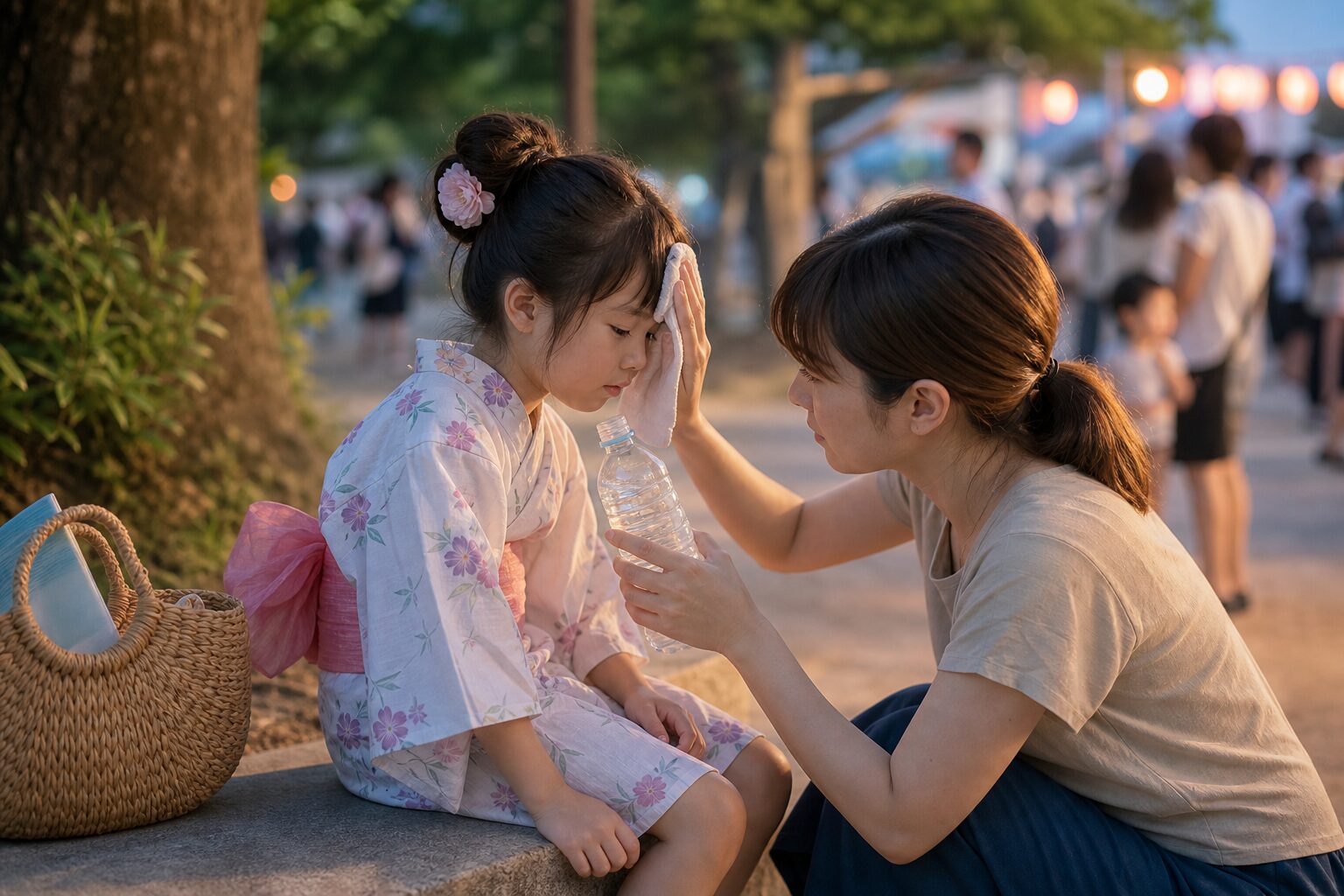 花火大会の途中で親が子どもの顔色を見ながら静かな場所で休ませるイメージ