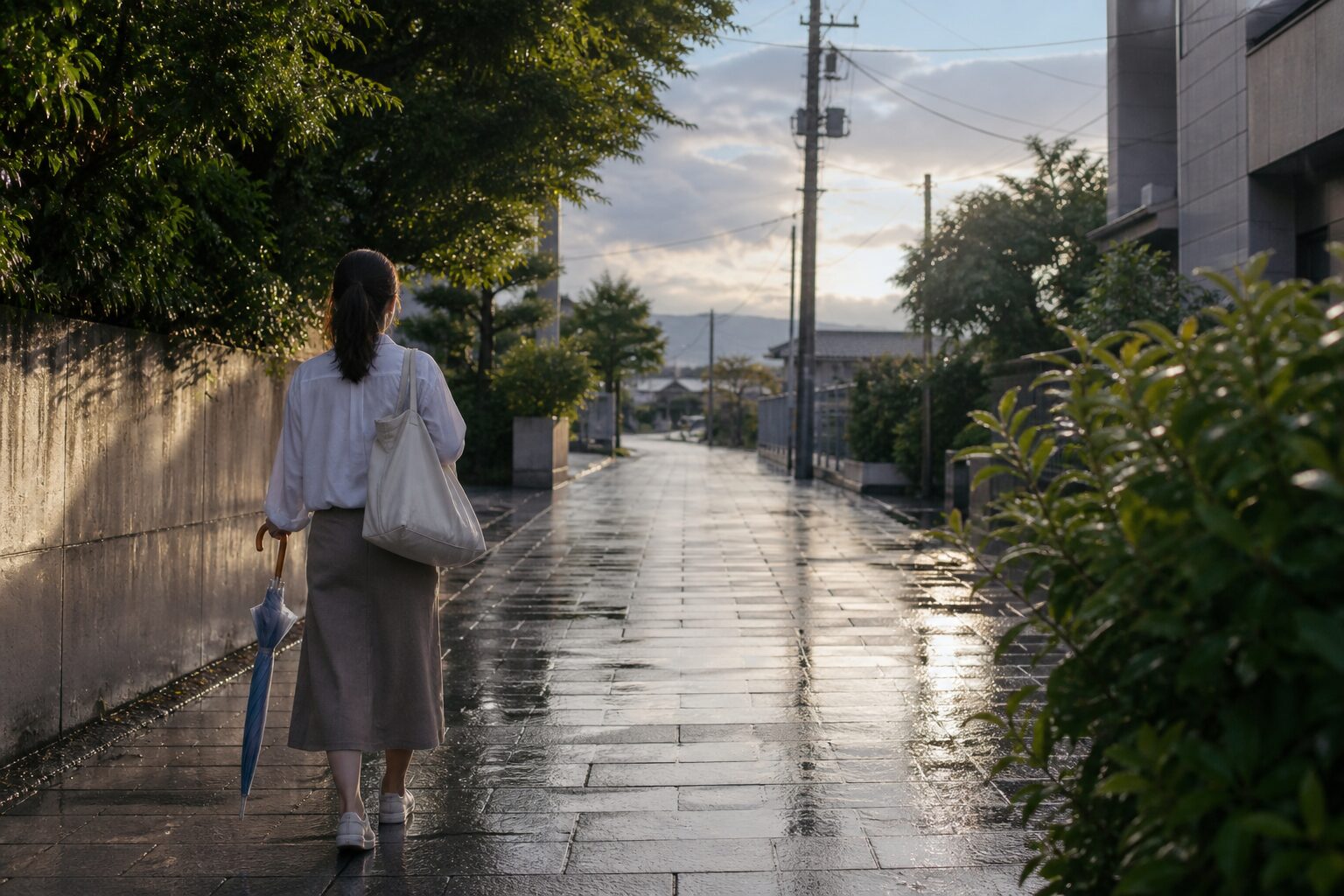 雨上がりの道と折りたたみ傘で落ち着きを取り戻す夏のイメージ