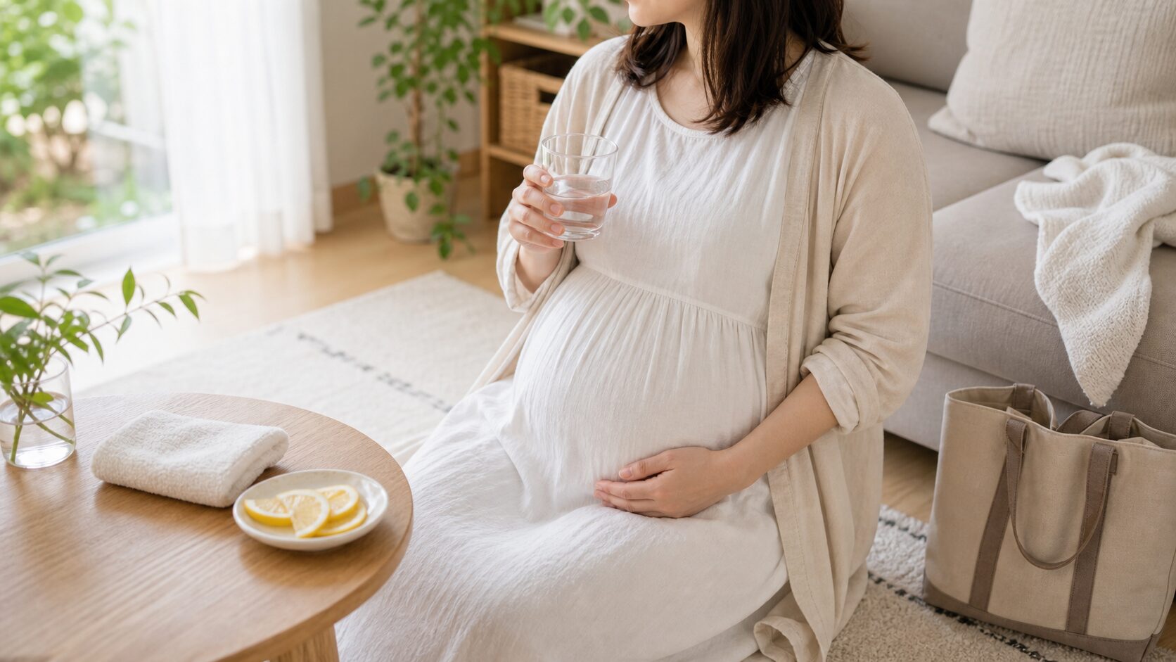 妊娠後期の夏外出後に家で休みながら水分を取るイメージ