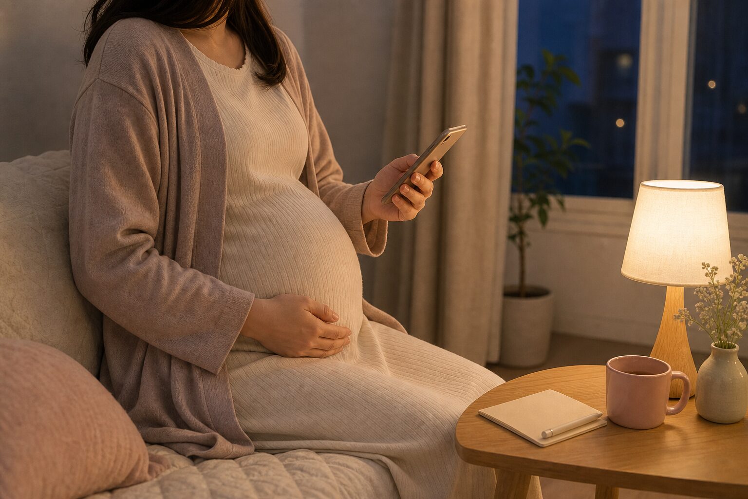 夜に産院への連絡メモとスマートフォンを確認する妊婦のイメージ