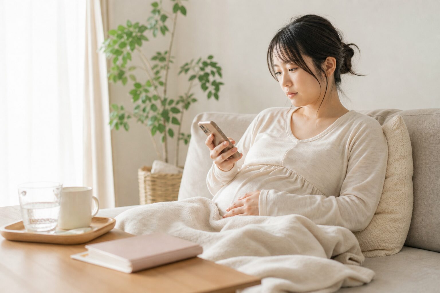 家で休みながら電話や母子手帳を確認して相談先を考えるイメージ