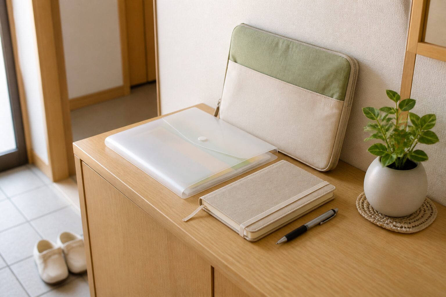玄関近くに母子手帳ケースとノートと書類ファイルをまとめて置いた準備スペースのイメージ