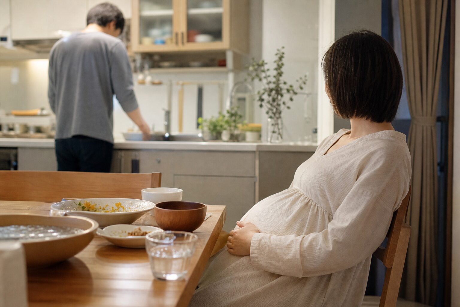 簡単な食事のあと家族に片付けを任せて休む妊婦のイメージ