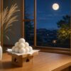 十五夜の月を見ながら月見団子とすすきを飾る家庭のイメージ