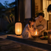 お盆の玄関先で迎え火と盆提灯の準備を整えるやさしい夏の夕方イメージ