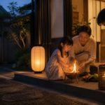 お盆の玄関先で迎え火と盆提灯の準備を整えるやさしい夏の夕方イメージ