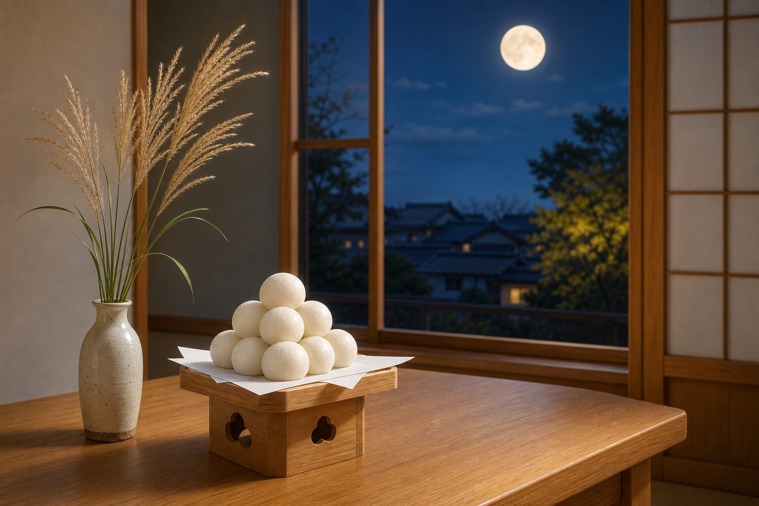 十五夜の月を見ながら月見団子とすすきを飾る家庭のイメージ