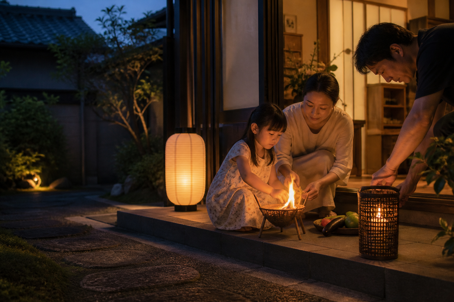 お盆の玄関先で迎え火と盆提灯の準備を整えるやさしい夏の夕方イメージ