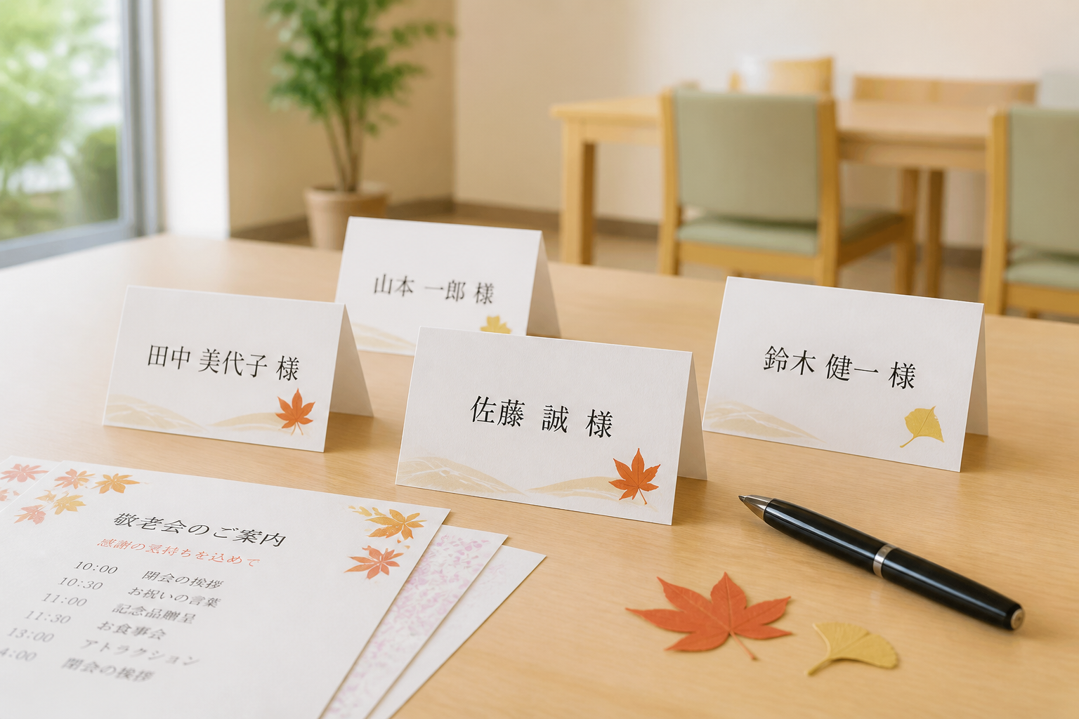 敬老会の席札と黒ペンを明るい室内テーブルに並べた準備イメージ