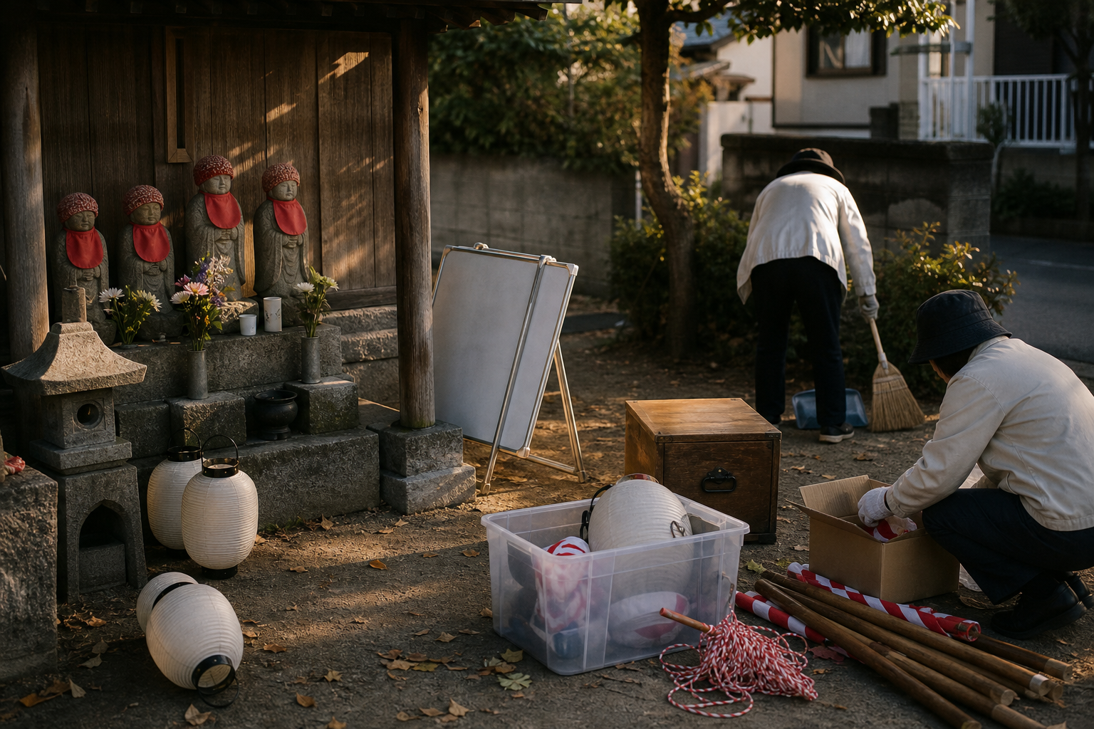 地蔵盆の片付け後に提灯と掲示物を収納箱へ分けている夕方の静かな会場イメージ