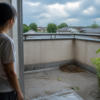 雨上がりのベランダで排水口まわりと散らばった葉を確認する後片付けのイメージ
