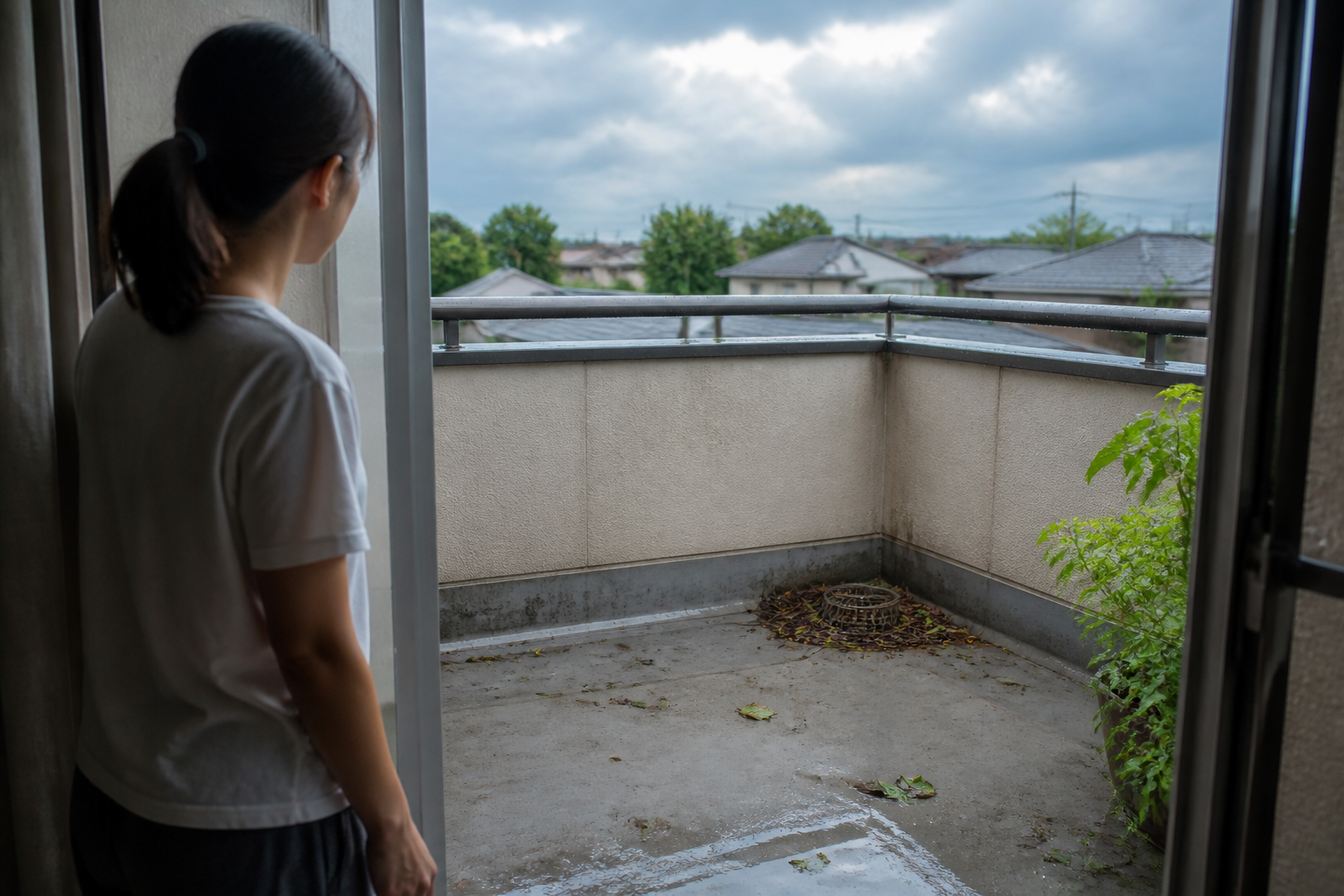 雨上がりのベランダで排水口まわりと散らばった葉を確認する後片付けのイメージ