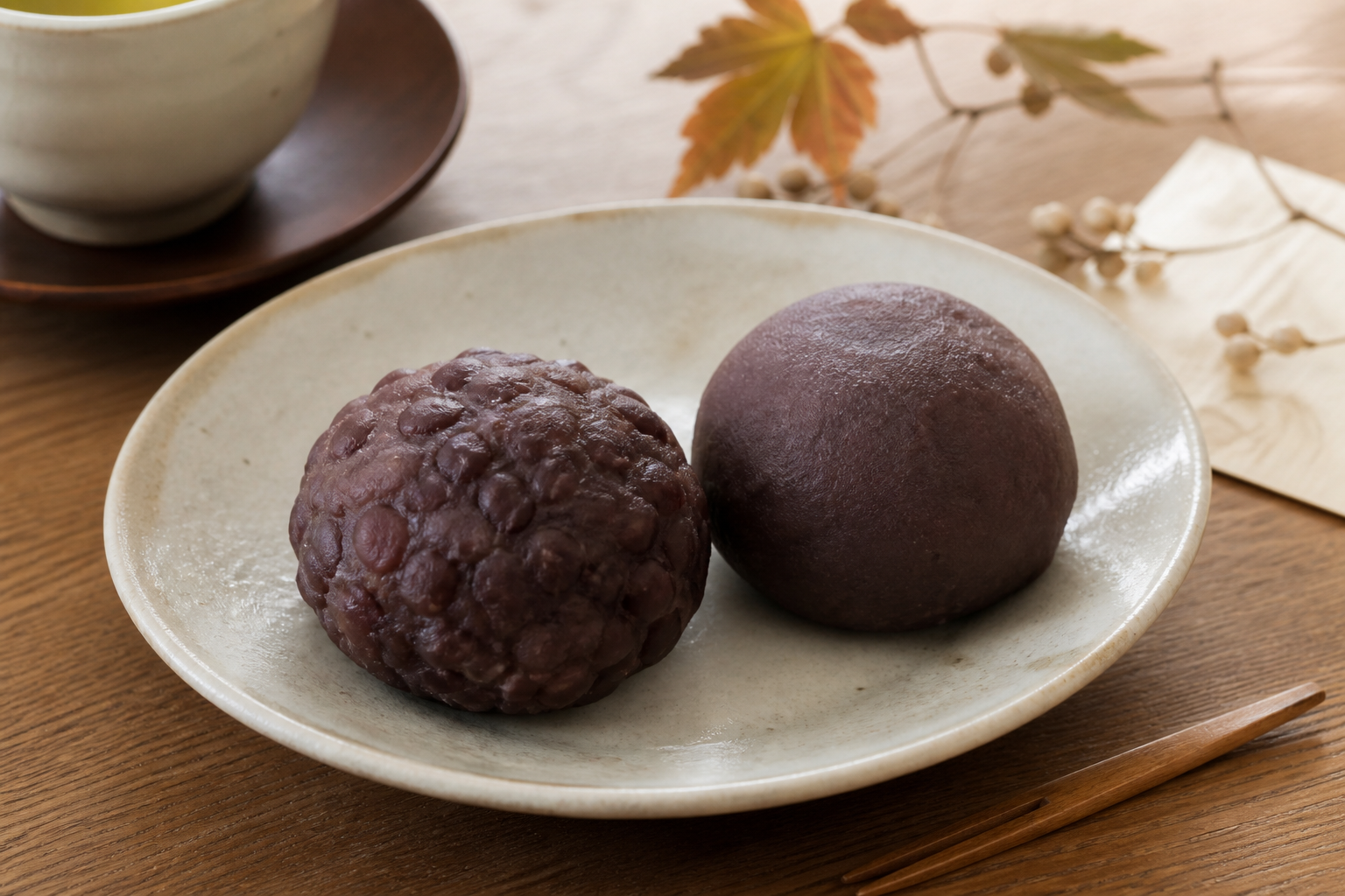 お彼岸前の和菓子売り場でおはぎとぼたもちを見比べるやわらかな秋のイメージ