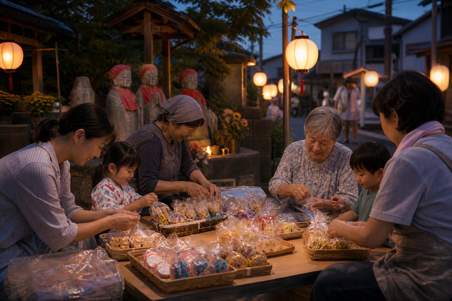 地蔵盆のお菓子配り用の小袋と提灯を準備する町内会のイメージ